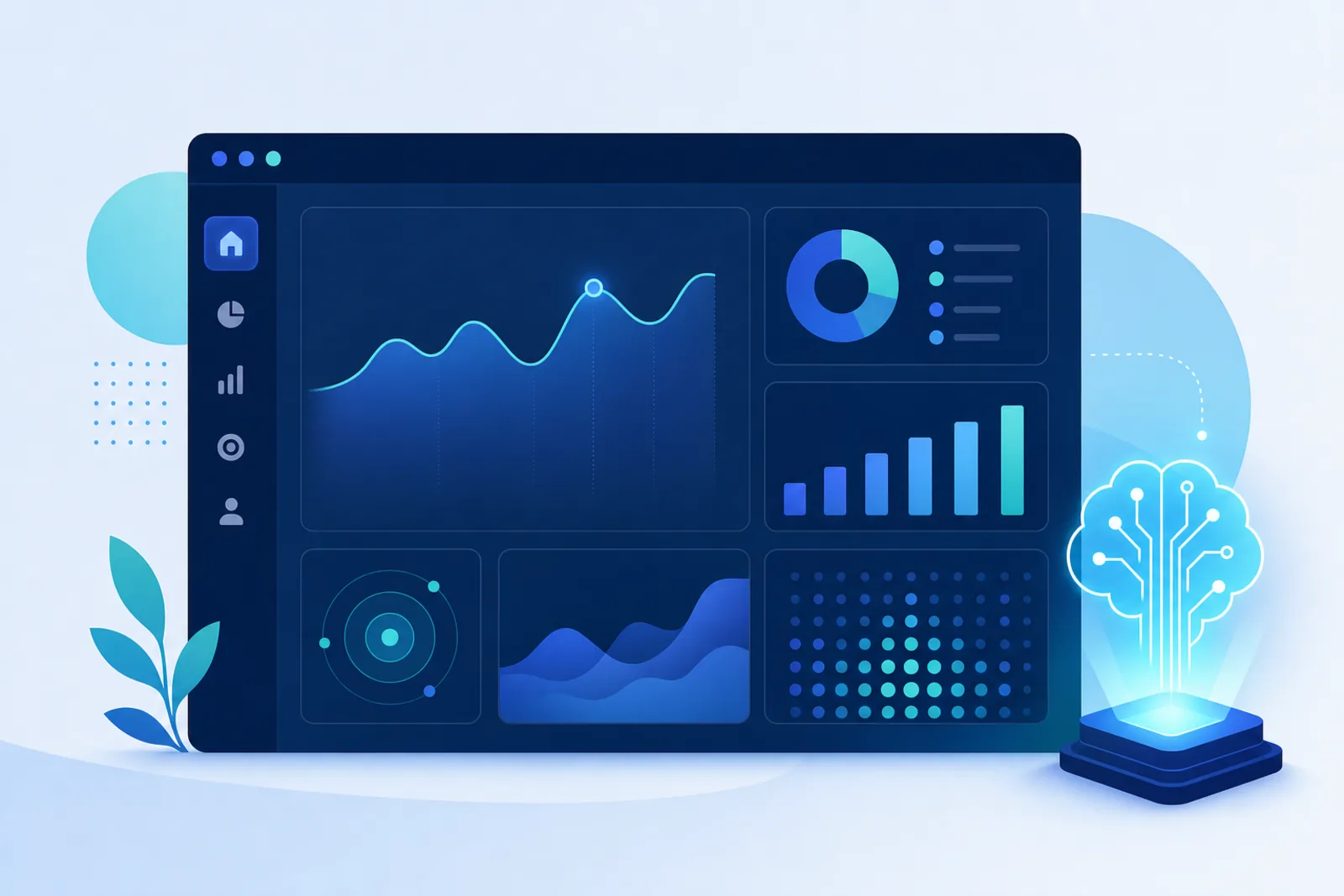 Dashboard with data visualizations representing artificial intelligence and data analytics