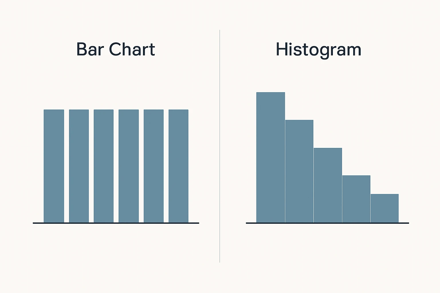 Split-screen comparison of bar graph vs histogram visualizing identical deal size data, demonstrating how bar graph appears uniform while histogram reveals right-skewed distribution